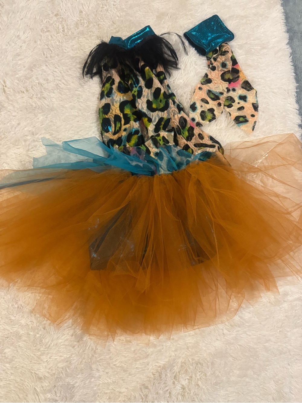 A Wish Come True. Orange Tulle Leopard Print Costume Dress with Teal Accents